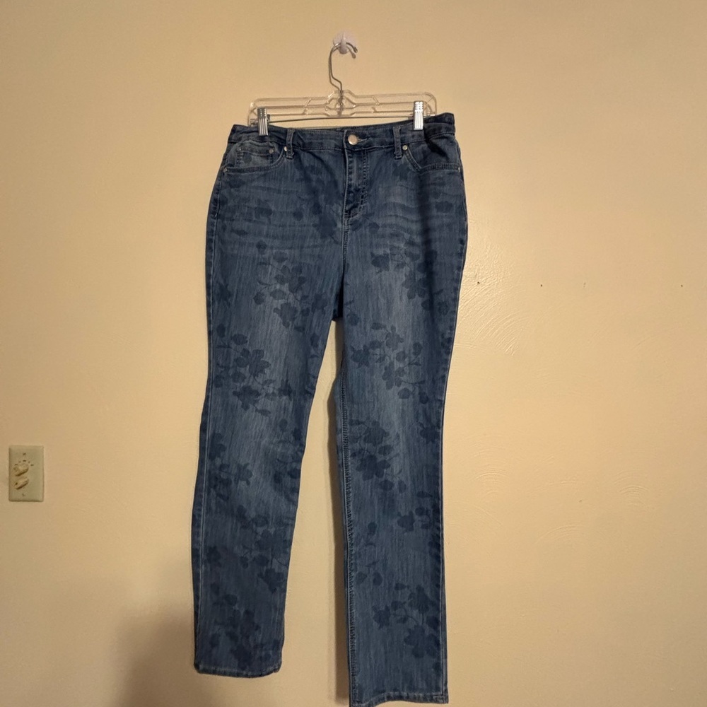 Christopher & Banks Denim Straight Leg Jeans with Floral Pattern